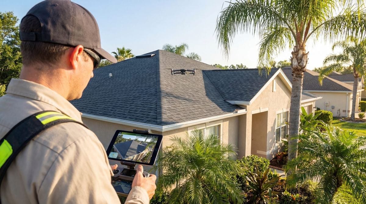 Integrity Roofing of Florida specialist inspecting a Tampa Bay home's roof with a drone and tablet
