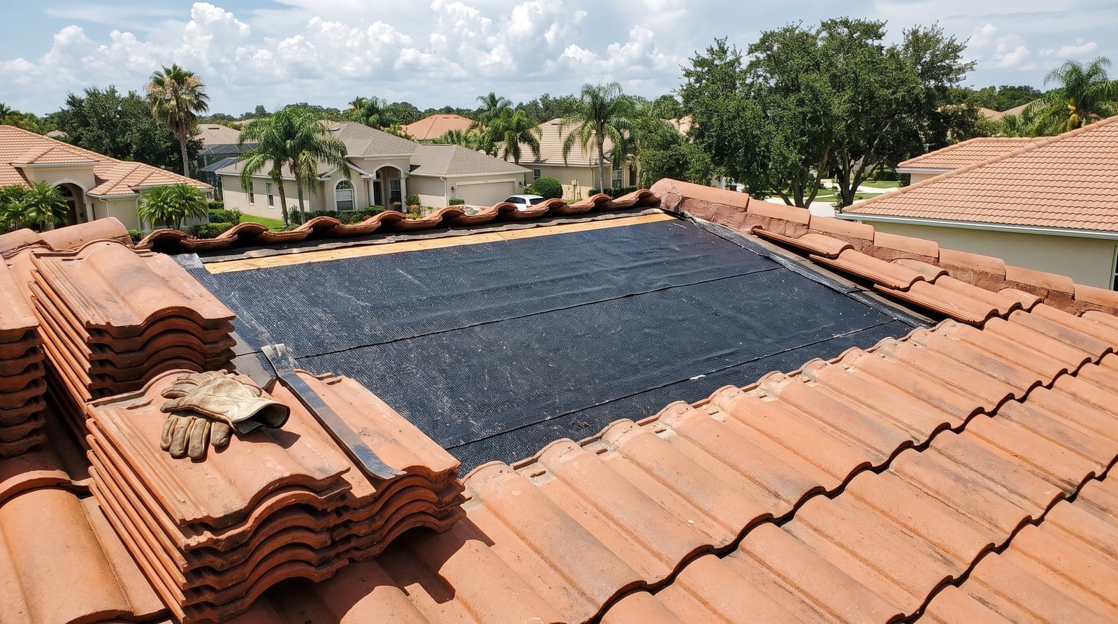 Barrel tiles lifted and stacked to the side while self-adhering membrane is bonded to the deck beneath, the dry-in that replaces emergency roof tarping on a tile roof