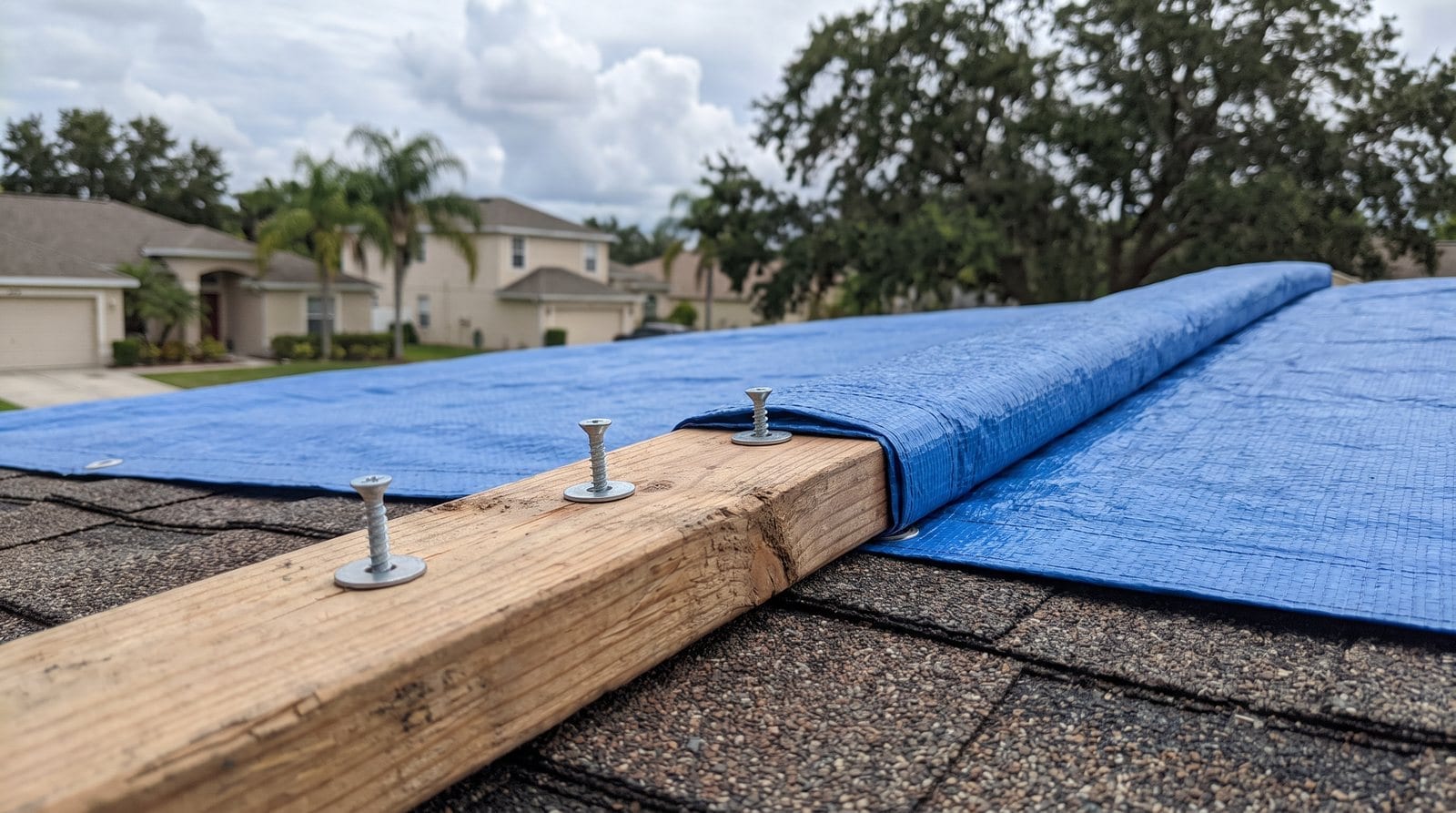 A blue tarp edge wrapped around a 2x4 batten with the screws driven through the bare top face of the wood, the anchoring detail that keeps an emergency roof tarp on in wind
