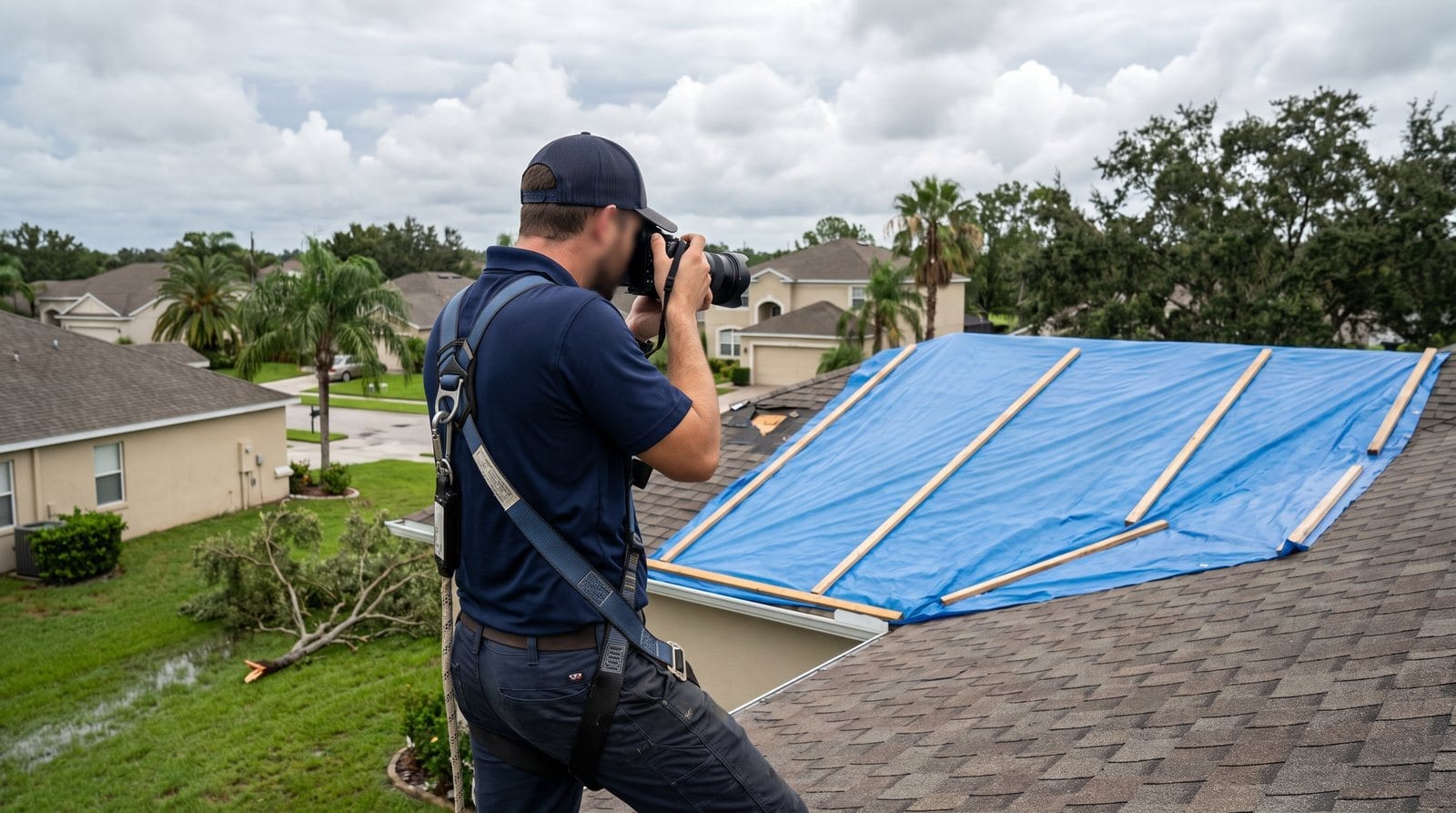 A roofer photographing a battened blue tarp on a shingle roof, the photo record an insurance claim for emergency roof tarping depends on