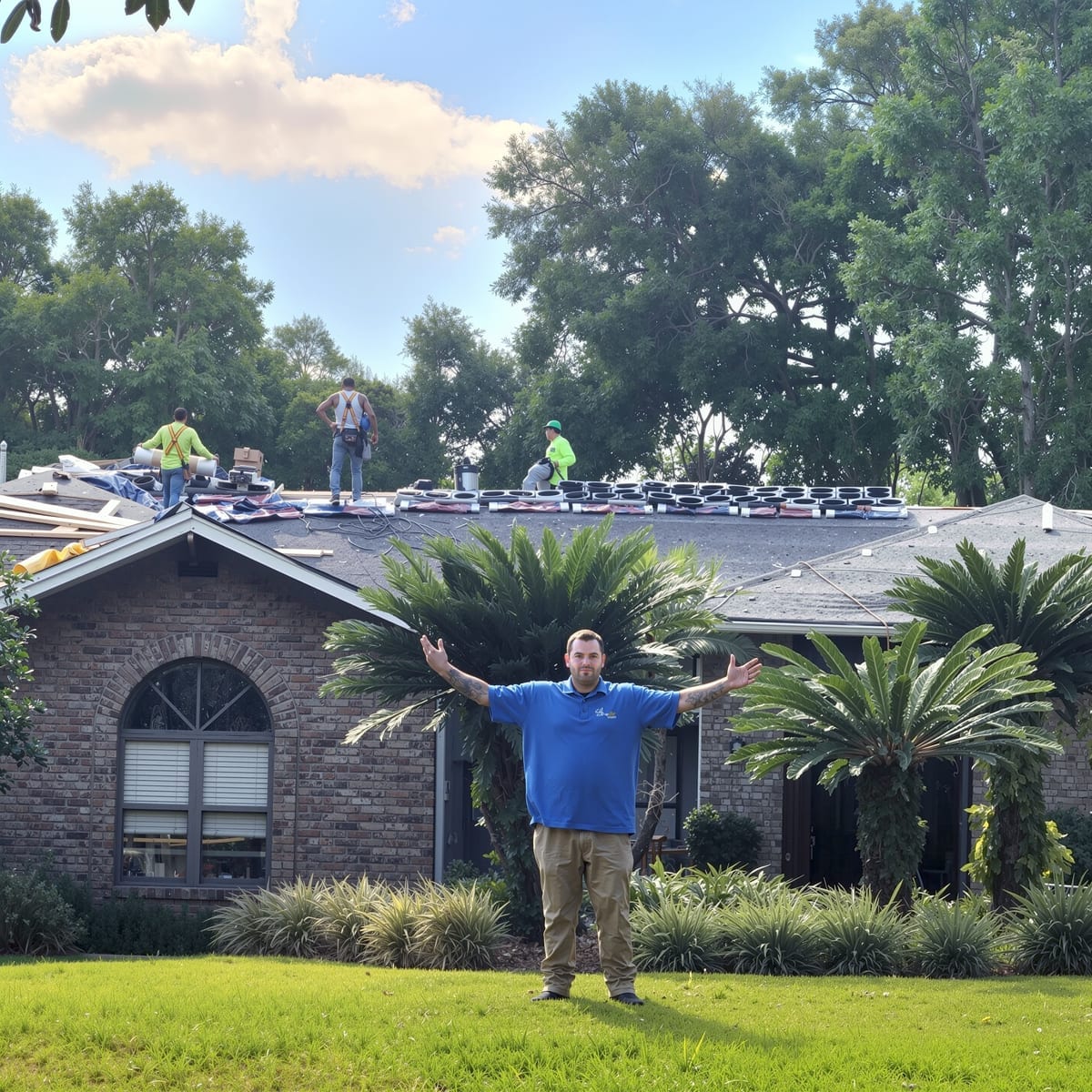 Integrity Roofing of Florida team member in front of a Tampa Bay home as the crew installs a new shingle roof