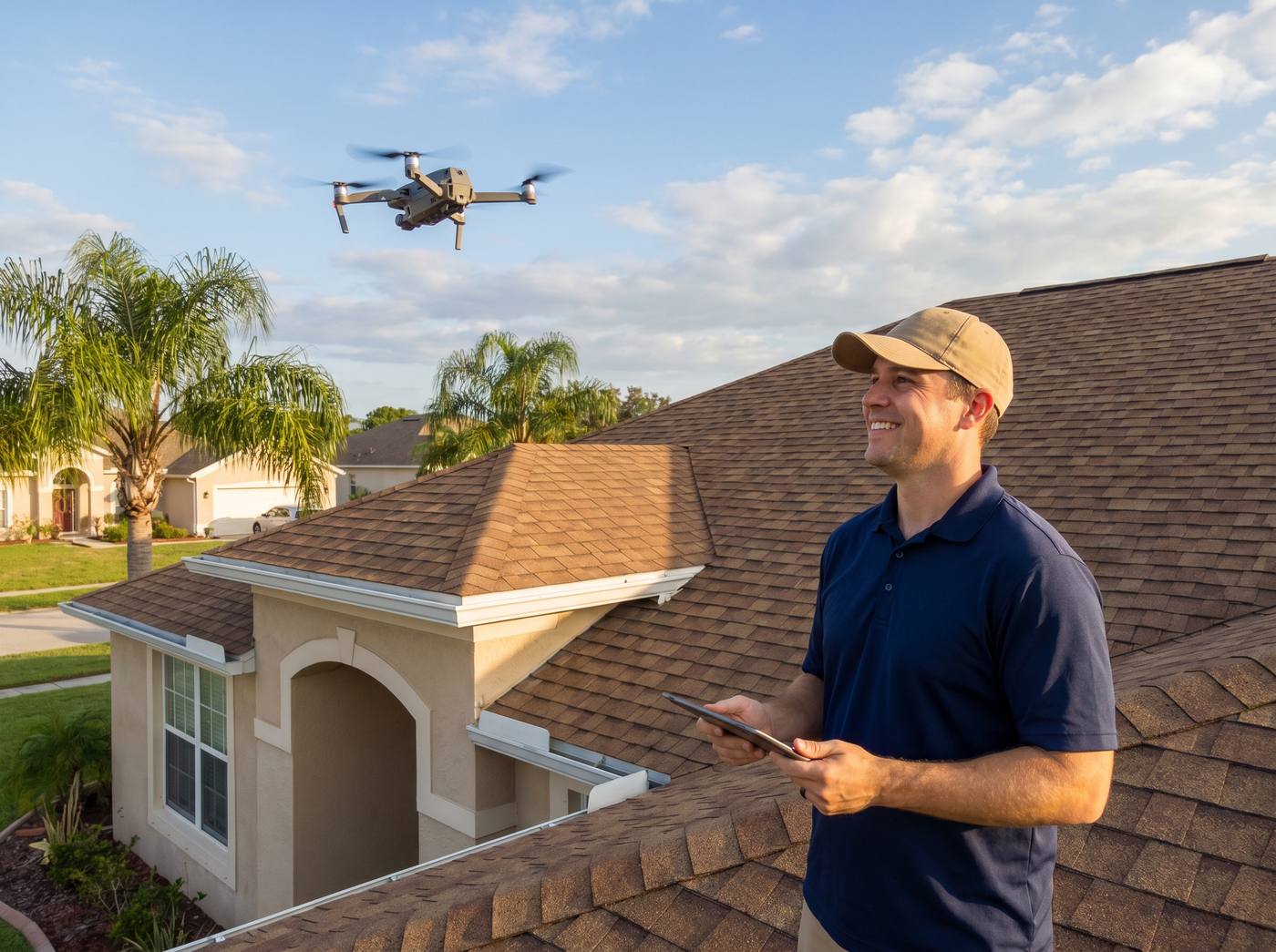 Integrity Roofing of Florida technician inspecting a Tampa Bay roof with a drone and tablet