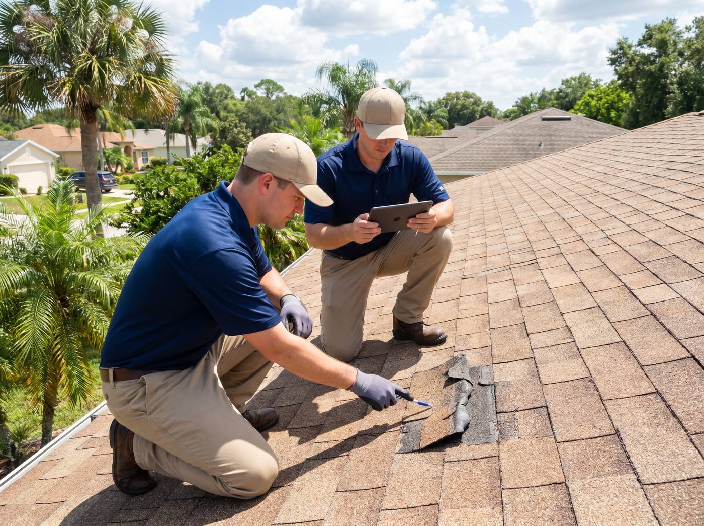 Integrity Roofing of Florida team documenting roof condition for an insurance file in Tampa Bay