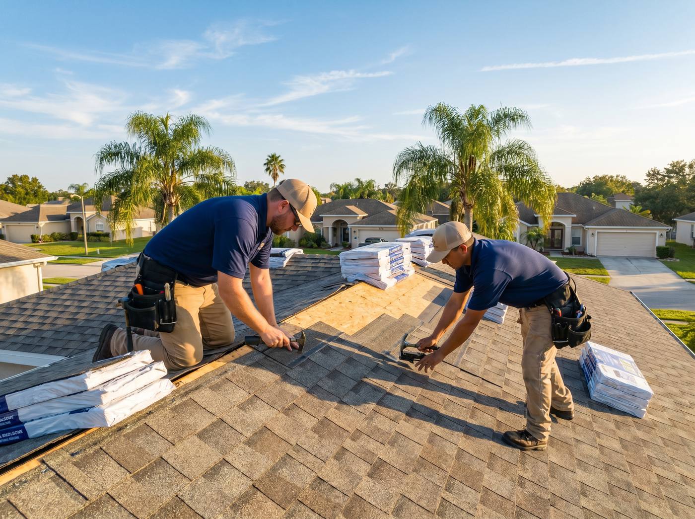 Integrity Roofing of Florida crew installing new architectural shingles on a Tampa Bay home